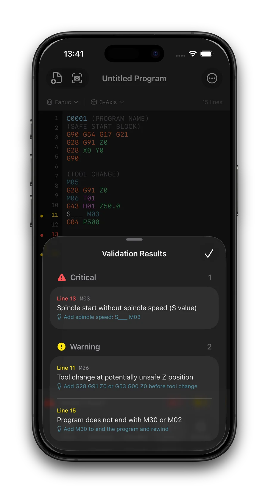 G-Code Guru on iPhone: the code editor checking a program, with its validation results